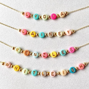Bright Color Beads Name Necklace, Girls Custom Name Necklace, Beaded Name Necklace, Dainty Gold Name Beads, Kids Jewelry, Stocking Stuffer