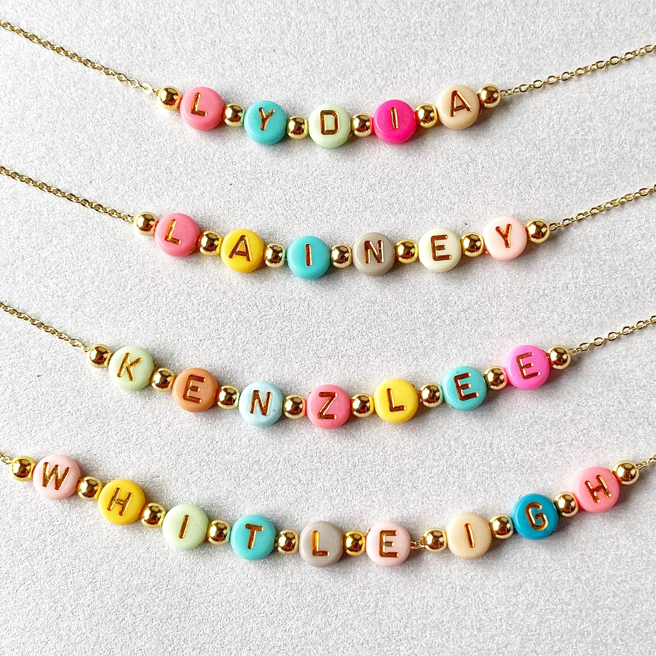 Bright Color Beads Name Necklace, Girls Custom Name Necklace, Beaded Name Necklace, Dainty Gold Name Beads, Kids Jewelry, Stocking Stuffer
