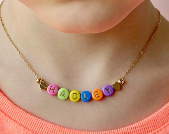 Childs Name Necklace, Bright Color letter beads, Dainty Gold Name Beads, Personalized Gold Heart Beaded Name Necklace, Custom Kids Necklace