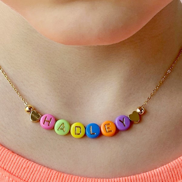 Childs Name Necklace, Bright Color letter beads, Dainty Gold Name Beads, Personalized Gold Heart Beaded Name Necklace, Custom Kids Necklace