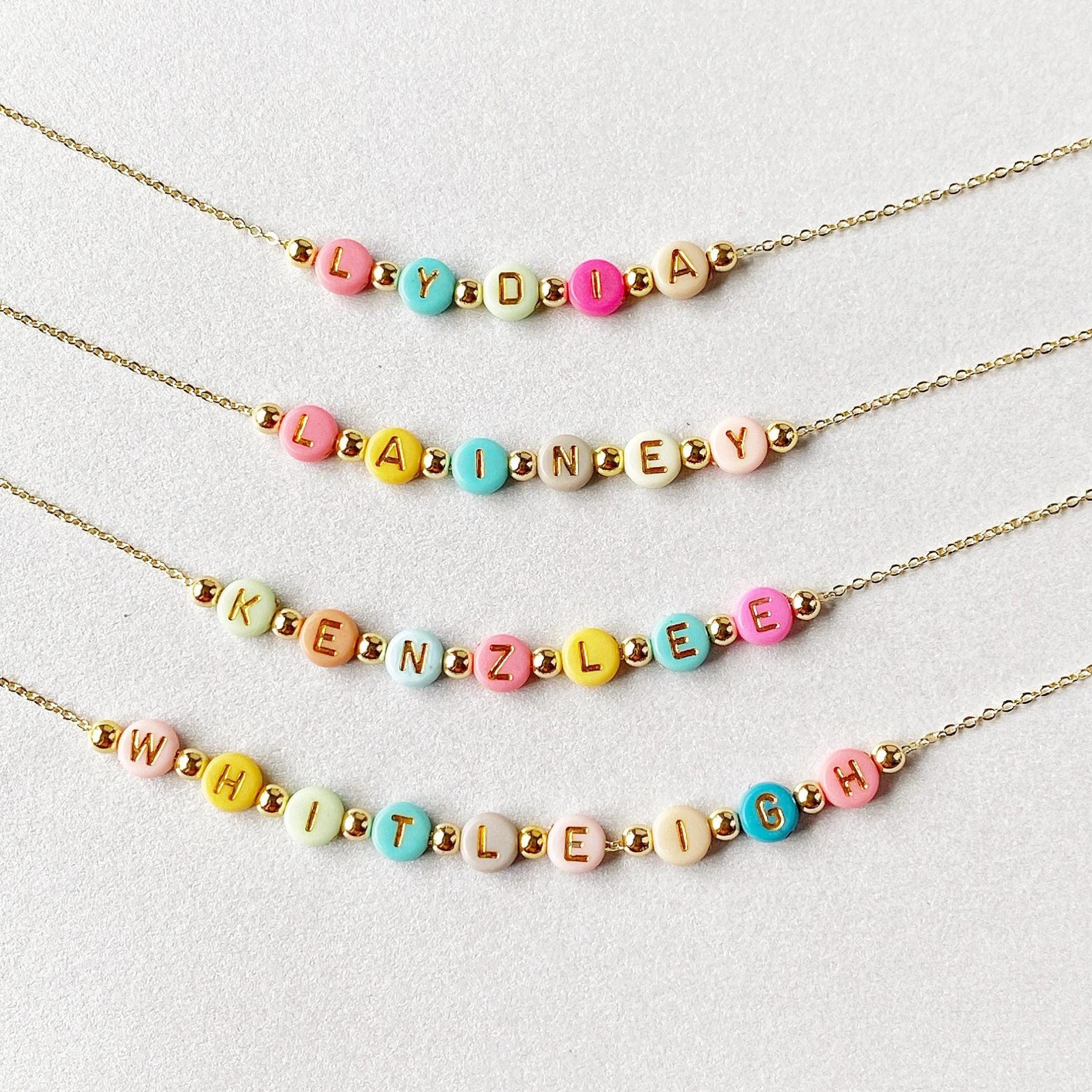 Bright Color Beads Name Necklace, Girls Custom Name Necklace, Beaded Name Necklace, Dainty Gold Name Beads, Kids Jewelry, Stocking Stuffer
