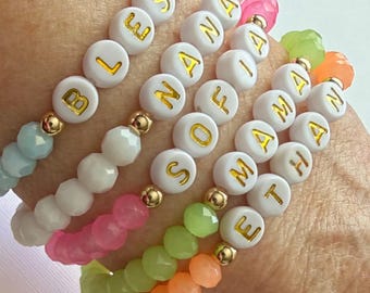Personalized Name Word Bracelet, Gold Accent, Colorful Glass Beads