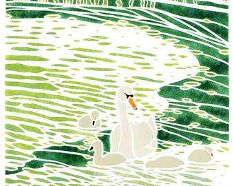 Swan Family Art Print 11"x14" / Bird art