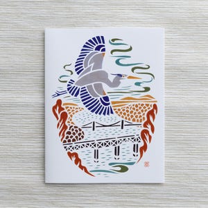 Cartão A2: Garça-azul-grande sobre a passarela sobre o Hudson / Arte no interior do estado de Nova York / Arte de pássaros / Pássaros do Nordeste / Presente para observador de pássaros