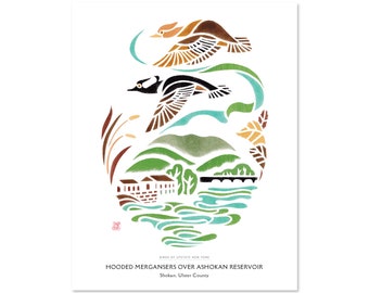 Hooded Mergansers over Ashokan Reservoir, Shokan, Ulster County / Upstate New York Art Print / Travel Poster / Gift for Birder / Bird Art