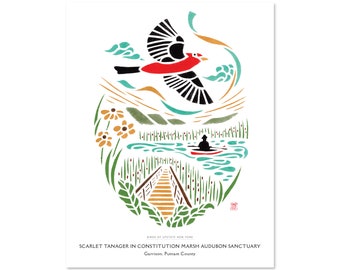 Scarlet Tanager in Constitution Marsh Audubon Sanctuary, Garrison, Putnam County / Upstate New York Art Print / Travel Poster / Bird Art