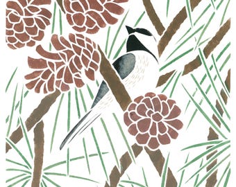 Chickadee on a Pine Tree Art Print 11"x14" / Bird art