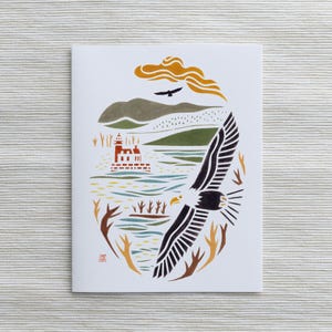 Carte A2 : pygargue à tête blanche au-dessus du phare d'Hudson à Athènes/art du nord de l'État de New York/art d'oiseaux/oiseaux du nord-est/cadeau pour ornithologue amateur
