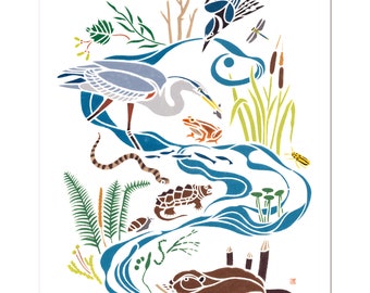 Reilly Pond Ecosystem Art Print 11"x14" / Bird art / wetlands / beaver / ecosystem / nature lovers