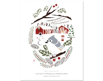 Tufted Titmouse at Empire Farm, Copake / Upstate New York Art Print / Travel Poster / Holiday Gift for Birder / Farm Christmas / Bird art