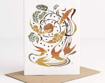 A7 Card - Apple and Swallows (Invasive plant pigment art)