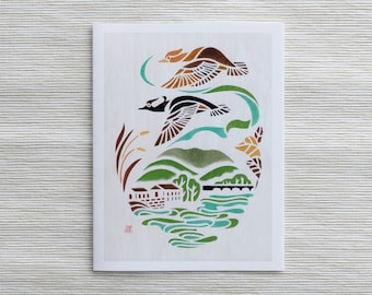 A2 Card: Hooded Mergansers over Ashokan Reservoir / Upstate New York Art / Bird Art / Birds of Northeast / Gift for Birder