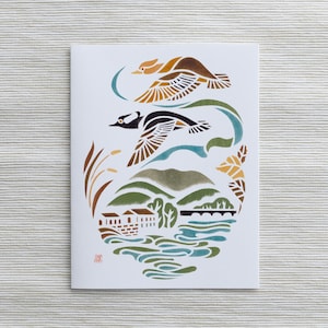 Cartão A2: Mergansos-de-capuz sobre o reservatório de Ashokan / Arte do norte do estado de Nova York / Arte de pássaros / Pássaros do nordeste / Presente para observador de pássaros