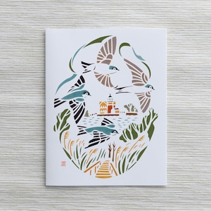 Carte A2 : Hirondelles bicolores au phare de Saugerties / Art du nord de l'État de New York / Art d'oiseaux / Oiseaux du nord-est / Cadeau pour ornithologue amateur