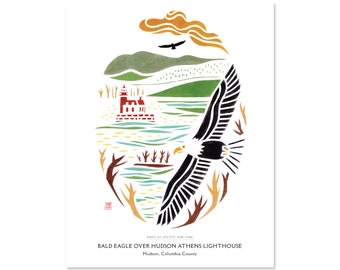 Bald Eagle over Hudson Athens Lighthouse, Hudson, Columbia County / Upstate New York Art Print / Travel Poster / Bird Art