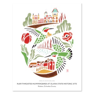 May include: A colorful illustration of a red-breasted hummingbird in flight, with a red tulip and a red poppy in the background. The illustration also features a stylized depiction of Olana State Historic Site, a historic house in Hudson, New York. The text "BIRDS OF UPSTATE NEW YORK" and "RUBY-THROATED HUMMINGBIRDS AT OLANA STATE HISTORIC SITE" is included in the image.