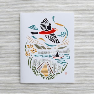 Cartão A2: Tanager escarlate no Santuário Audubon de Constitution Marsh / Arte do norte do estado de Nova York / Pássaros do nordeste / Arte de pássaros de Natal