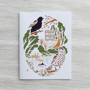 Cartão A2: Melro-de-asa-vermelha no Santuário RamsHorn-Livingston Audubon, no interior do estado de Nova York. Arte / Arte de pássaros / Pássaro do Nordeste / Presente para observador de pássaros