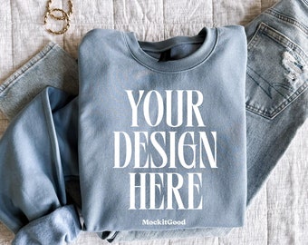 Gildan SF000 Stone Blue Sweatshirt Mockup Blue SF000 Crewneck Mockup Real People Mockups Oversized Mockups POD Gildan Sweatshirt Mockups