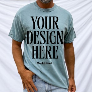 Mens Comfort Colors Mockups Ice Blue C1717 TShirt Mockup Comfort Colors Mens Mockup C1717 Comfort Colors Mens POD Mockup Real People Mockups