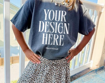 Youth Comfort Colors 9018 Mockup Youth Pepper Comfort Colors T Shirt Mockup C9018 Back Kids Comfort Colors Lifestyle POD Mockup Kids Mockups