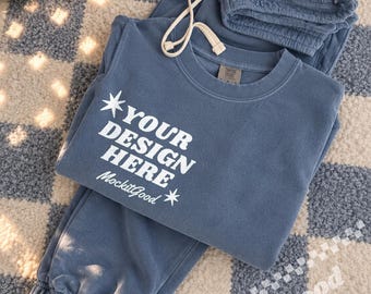 Comfort Colors 1466 Sweatshirt Mockup, Blue Jean Matching Set Mockup, 1466 Crewneck Flat Lay, Comfort Colors Sweatpants, Apparel Mockup
