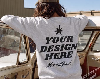 Gildan 18000 Ash Mockup, Back View Gildan Sweatshirt Mockup, Vintage Car Lifestyle Crewneck Mockup