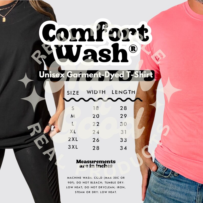 May include: A black and a pink Comfort Wash unisex garment-dyed t-shirt. The image includes a size chart with measurements in inches. The shirts are available in sizes S to 3XL, with widths from 18 to 28 inches and lengths from 28 to 34 inches.