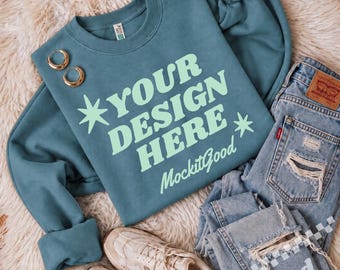 Lane Seven Mockup, Pebble Blue Sweatshirt Mockup, Lane Seven 16004 Flat Lay, Boutique Crewneck Mockup, Lifestyle Apparel Mockup