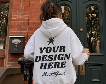 Gildan 18500 Ash Mockup, Back View Hoodie Mockup, Gildan Hoodie Mockup, Ash Hoodie Lifestyle Mockup, POD Apparel Mockup