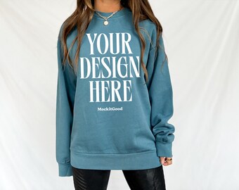 Lane Seven Mockup LS16004 Sweatshirt Pebble Blue Lane Seven 16004 Mockups Lane Seven Crewneck Mockups Real People POD Mockup Trendy Mockup