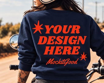 Gildan 18000 Navy Mockup, Back View Gildan Sweatshirt Mockup, Motorcycle Lifestyle Crewneck Mockup, Navy Sweatshirt