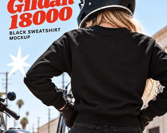 Gildan 18000 Mockup, Black Sweatshirt Back View Mockup, Motorcycle Biker Crewneck Mockup, Gildan Sweatshirt POD Mockup