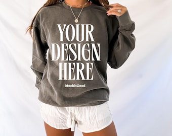 Pepper Comfort Colors 1466 Sweatshirt Mockup Comfort Colors Pepper 1466 Crewneck Mockup 1466 Oversized Mockups POD Mockups 1466 Mockups