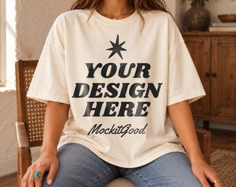 Comfort Colors 1717 Ivory Mockup, Seated Boho Model, Neutral T-Shirt PNG