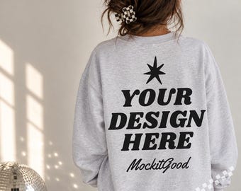Gildan 18000 Mockup, Ash Sweatshirt Mockup, Oversized Crewneck Model Mockup, Back View POD Mockup