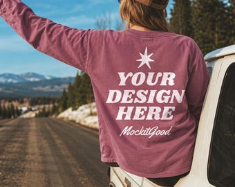 Comfort Colors 6014 Mockup, Berry Long Sleeve Shirt Mockup, CC6014 Back View Mockup, Outdoor Mountain Road T Shirt Mockup
