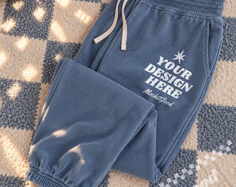 Comfort Colors 1469 Blue Jean Sweatpants Mockup | Flat Lay Sweatpants Mockup | Garment Dyed Joggers | Apparel Mockup | PNG Mockup