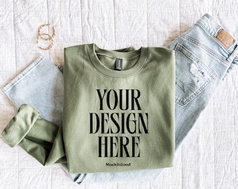 Gildan SF000 Military Green Sweatshirt Mockup Green SF000 Crewneck Mockup Real People Mockup Oversized Mockups POD Gildan Sweatshirt Mockups