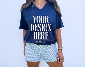 Bella Canvas 3005 Navy Mockup Bella Canvas V Neck Shirt Mockup 3005 VNeck Bella Canvas Mockups POD Mockups Real People Mockups 3005 VNeck