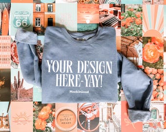 Comfortkleuren 1466 Flat Lay Blue Jean-model 1466 Wanderlust-mockup Comfortkleuren sweatermodel POD-mockup met ronde hals 1466 Boho-mockup