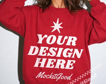 Gildan 18000 Cherry Red Sweatshirt Mockup, Oversized Crewneck, Flash Photography POD Apparel Mockup
