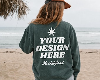 Comfort Colors 6014 Blue Spruce Mockup, Back View Long Sleeve Shirt Mockup, Beach Lifestyle POD Mockup