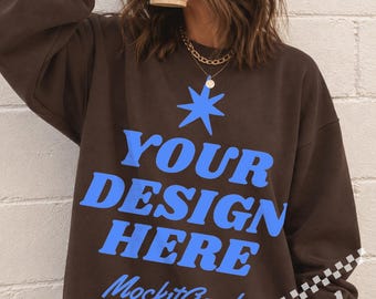 Gildan 18000 Mockup, Dark Chocolate Sweatshirt Mockup, Gildan Crewneck Mockup, Oversized Sweatshirt Model Mockup