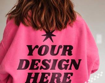 Gildan 18000 Mockup, Safety Pink Sweatshirt Mockup, Back View Sweatshirt Mockup, Oversized Female Model Mockup
