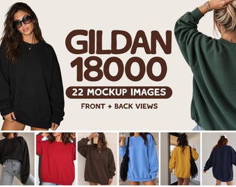 Gildan 18000 Mockup Bundle | 22 Gildan Sweatshirt Mockups | Front & Back Views