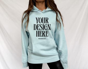 Lane Seven Mockup LS14001 Hoodie Blue Mist Lane Seven 14001 Mockups Lane Seven Hoodie Mockups Real People POD Mockup Trendy Mockup