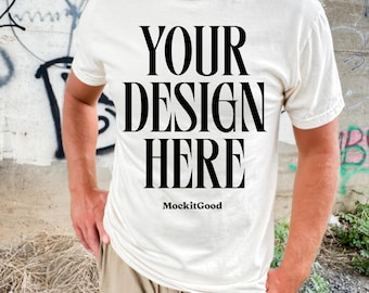 Mens Comfort Colors Mockup 1717 T-Shirt Ivory Mockup Comfort Colors Mens Ivory T-shirt Mockup C1717 Back Comfort Colors Mockups POD Mockups