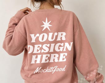 Lane Seven Mockup, Lane Seven 16004 Mockup, Salmon Back Sweatshirt Mockup, Crewneck Back Mockup, Female Model Mockup