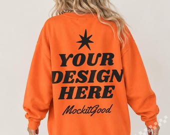 Gildan 18000 Mockup, Safety Orange Sweatshirt Mockup, Back View Sweatshirt Mockup, Oversized Crewneck Model Mockup